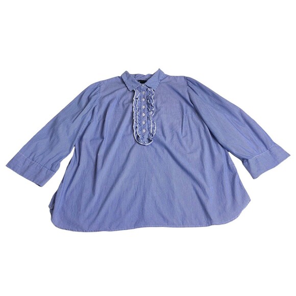 Lane Bryant Shirt Dress 22/24 Blue Striped Ruffle Popover Tunic Roll Tab Sleeve - Picture 1 of 16